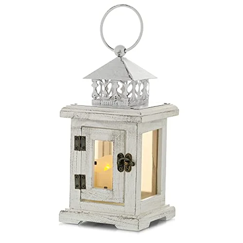 Wood Lantern Candle Holder Lantern Garden Lantern - Decorative Rustic Distressed Vintage Candle Holder Hanging Metal & Glass
