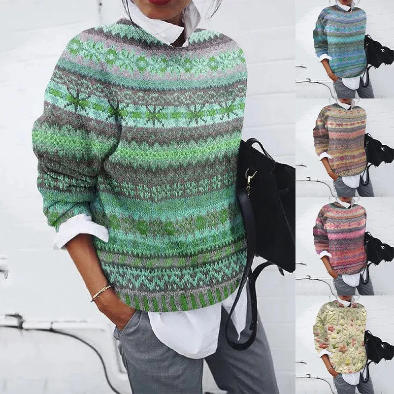 Damen lockerer Fair Isle Strickpullover mit Rundhalsausschnitt – Mavelle