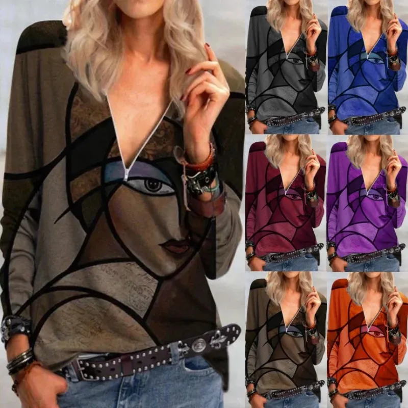 Damen V-Ausschnitt Langarmshirt mit abstraktem kubistischen Druck und Reißverschluss – Avérine